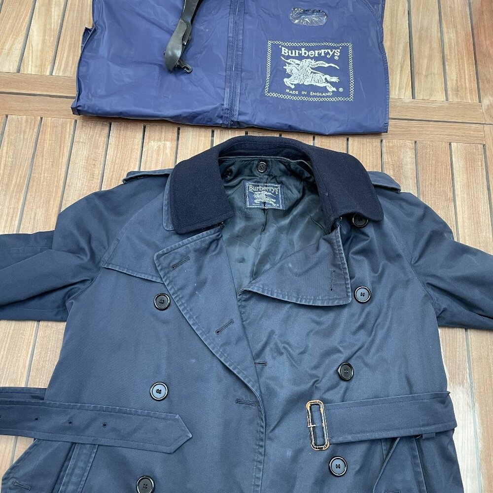 Women's Vintage Burberry Trench Coat with Button-In Wool Liner - Navy